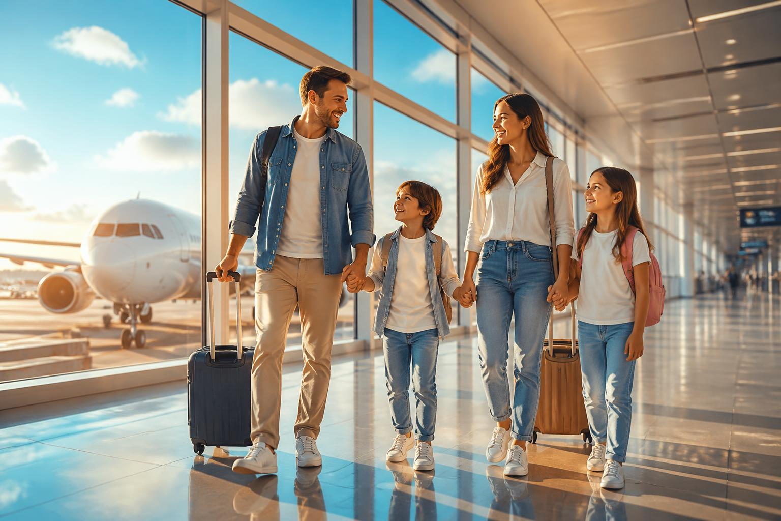 Familia viajando feliz en el aeropuerto con un avión al fondo
